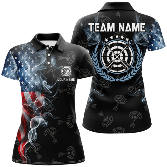 Personalized Smoke USA Flag Archery Polo & 1/4 Zip Shirts For Women, Patriotic Archery Team Jerseys TDM2868