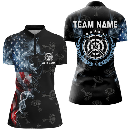 Personalized Smoke USA Flag Archery Polo & 1/4 Zip Shirts For Women, Patriotic Archery Team Jerseys TDM2868