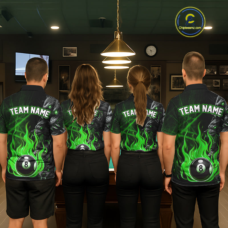 Personalized Wolf Flaming 8 Ball Pool Fire Men Billiard Shirts Team League Billiard Jerseys |Green TDM5596