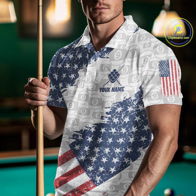 Grunge American Flag 9 Ball Billiard Shirt For Men Custom Patriotic Pool Team Jersey Polo, 1/4 Zip TDM5598