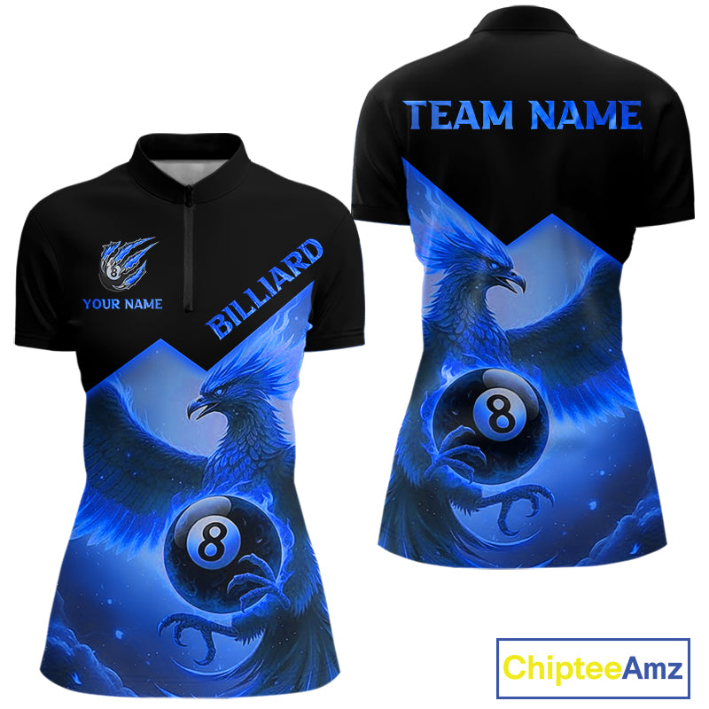 Blue 8 Ball Flame Phoenix Billiard Shirt For Women Custom Pool Team Jersey Polo & Quarter Zip TDM5604