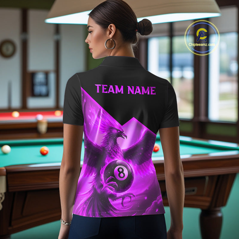 Purple 8 Ball Flame Phoenix Billiard Shirt For Women Custom Pool Team Jersey Polo & Quarter Zip TDM5605
