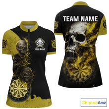 Load image into Gallery viewer, Personalized Yellow Black Skull Smoke Darts Shirt For Women Custom Darts Team Jersey Polo &amp;1/4 Zip TDM5837