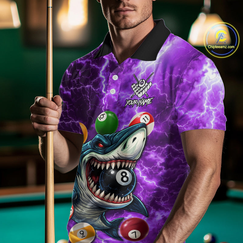 Purple Funny Shark Colorful Billiard Balls Lightning Pool Shirt For Men Custom Billiard Team Jersey TDM5840