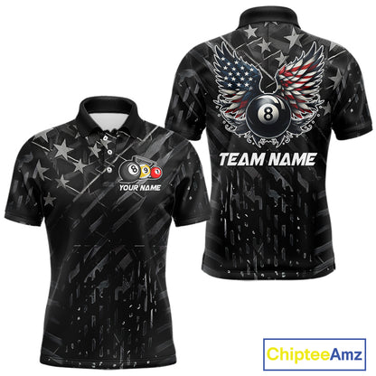 Black US Flag 8 Ball Pool Wings Billiard Shirt For Men Custom Billiard Team Jersey Polo & 1/4 Zip TDM5977