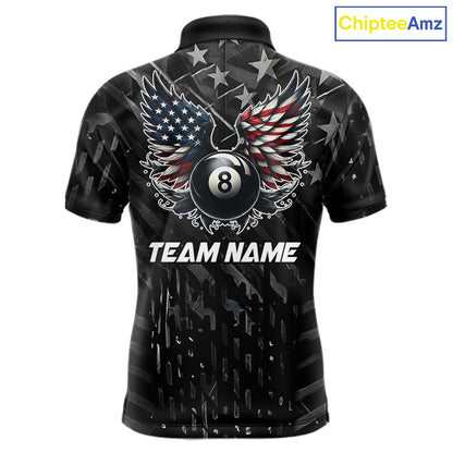 Black US Flag 8 Ball Pool Wings Billiard Shirt For Men Custom Billiard Team Jersey Polo & 1/4 Zip TDM5977