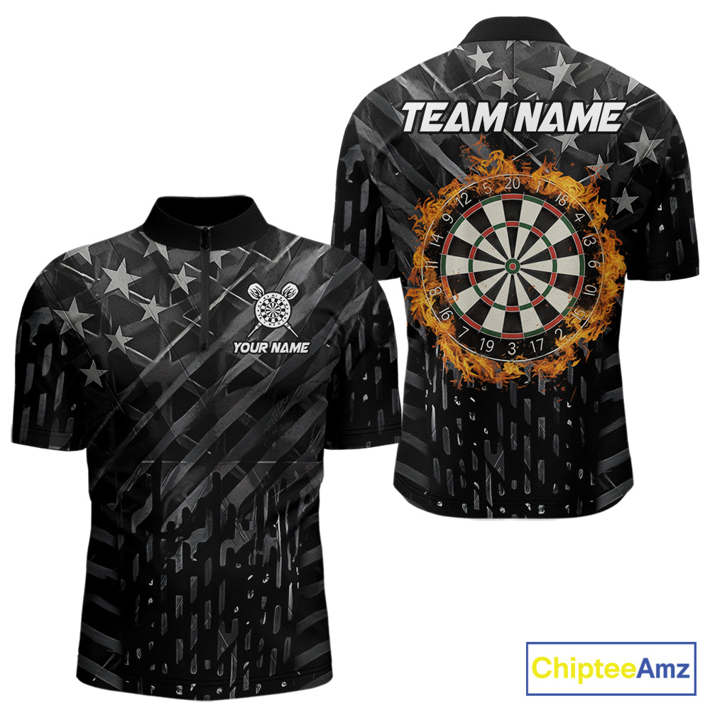 Black US Flag Dartboard Fire Darts Shirt For Men Custom Darts Jersey Team Polo & 1/4 Zip TDM5978