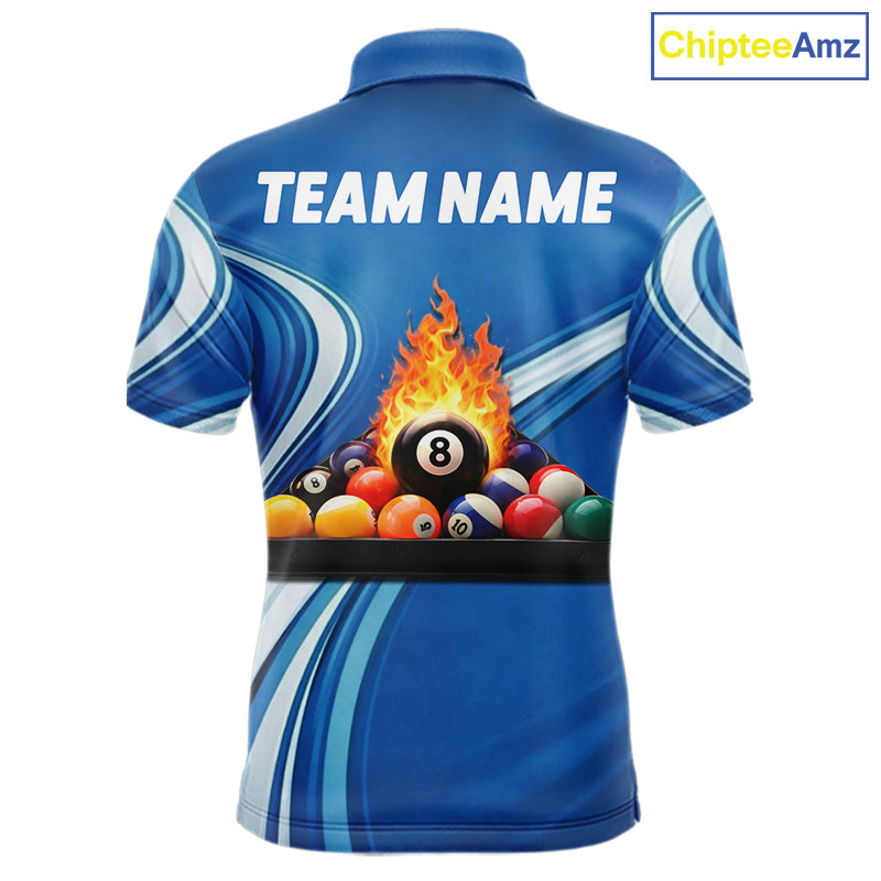 Personalized Blue Billiard Jersey For Men Custom Flame 8 Ball Pool Billiard Shirt Polo & 1/4 Zip TDM6448