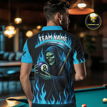 Load image into Gallery viewer, Custom Blue Flaming Grim Reaper 8 Ball Pool Billiard Shirt For Men, Funny Skull Pool Team Jersey TDM4280