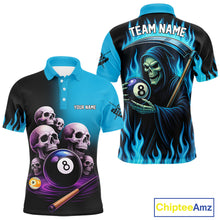 Load image into Gallery viewer, Custom Blue Flaming Grim Reaper 8 Ball Pool Billiard Shirt For Men, Funny Skull Pool Team Jersey TDM4280