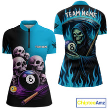 Load image into Gallery viewer, Custom Blue Flaming Grim Reaper 8 Ball Pool Billiard Shirt For Women, Funny Skull Pool Team Jersey TDM4280