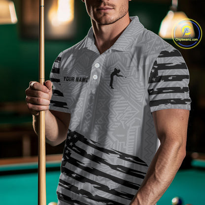 Personalized Grey US Flag 8 Ball Billiard Shirt For Men Custom Billiard Team Shirt, Pool Jerseys TDM4903