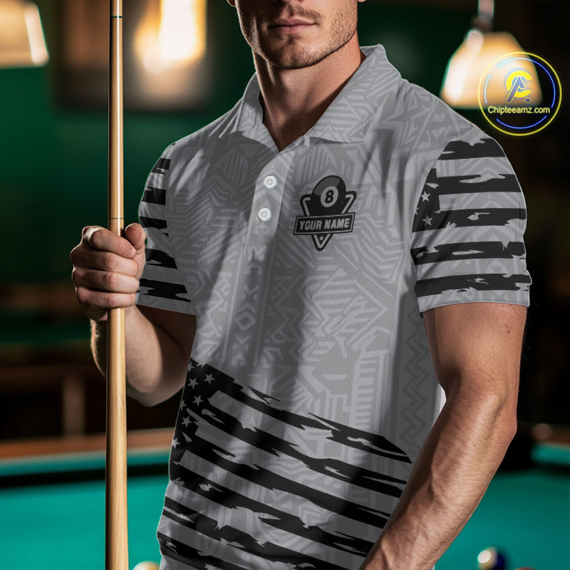 Personalized Grey US Flag 8 Ball Billiard Shirt For Men Custom Patriotic Billiard Pool Jerseys TDM4904