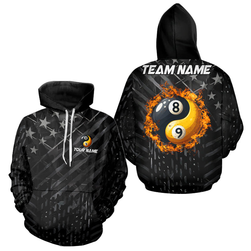 Black Us Flag Ying And Yang 8 Ball & 9 Ball Custom Billiard Hoodie For Pool Player, Billiard Jersey TDM3357