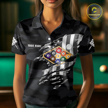 Load image into Gallery viewer, Personalized Camouflage US Flag Billiard Shirt For Women, 9 Ball Pool Team Jersey Polo &amp; 1/4 Zip TDM5992