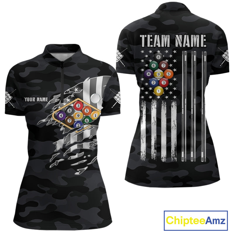 Personalized Camouflage US Flag Billiard Shirt For Women, 9 Ball Pool Team Jersey Polo & 1/4 Zip TDM5992