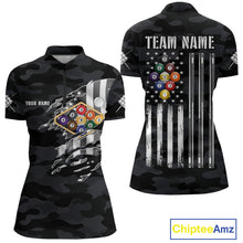 Load image into Gallery viewer, Personalized Camouflage US Flag Billiard Shirt For Women, 9 Ball Pool Team Jersey Polo &amp; 1/4 Zip TDM5992