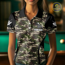 Load image into Gallery viewer, Personalized Green Camo Skull Billiard Shirt For Women, 8 Ball Billiard Team Jersey Polo &amp; 1/4 Zip TDM5993