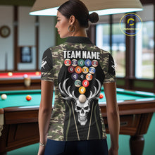 Load image into Gallery viewer, Personalized Green Camo Skull Billiard Shirt For Women, 8 Ball Billiard Team Jersey Polo &amp; 1/4 Zip TDM5993