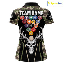 Load image into Gallery viewer, Personalized Green Camo Skull Billiard Shirt For Women, 8 Ball Billiard Team Jersey Polo &amp; 1/4 Zip TDM5993