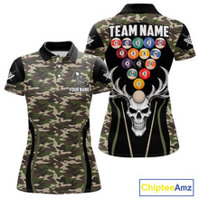 Load image into Gallery viewer, Personalized Green Camo Skull Billiard Shirt For Women, 8 Ball Billiard Team Jersey Polo &amp; 1/4 Zip TDM5993