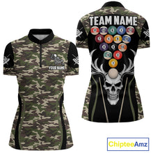 Load image into Gallery viewer, Personalized Green Camo Skull Billiard Shirt For Women, 8 Ball Billiard Team Jersey Polo &amp; 1/4 Zip TDM5993