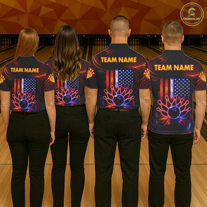 Custom Neon American Flag Bowling Shirt For Women, Patriotic Bowling Team Jersey Polo & 1/4 Zip TDM6221