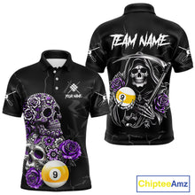 Load image into Gallery viewer, Personalized Purple Funny Skull Roses 9 Ball Billiard Shirt For Men Custom Pool Team Shirt Design TDM4478
