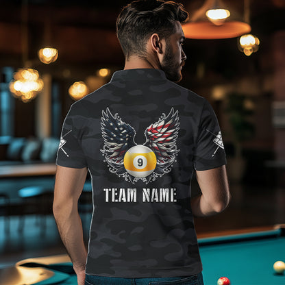 Personalized Camouflage US Flag Billiard Shirt For Men, Funny Patriotic 9 Ball Wings Pool Jersey TDM4479