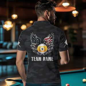 Personalized Camouflage US Flag Billiard Shirt For Men, Funny Patriotic 9 Ball Wings Pool Jersey TDM4479