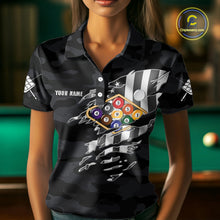 Load image into Gallery viewer, Personalized Camouflage US Flag Billiard Shirt For Women, Funny Patriotic 9 Ball Wings Pool Jersey TDM4479