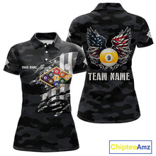 Load image into Gallery viewer, Personalized Camouflage US Flag Billiard Shirt For Women, Funny Patriotic 9 Ball Wings Pool Jersey TDM4479