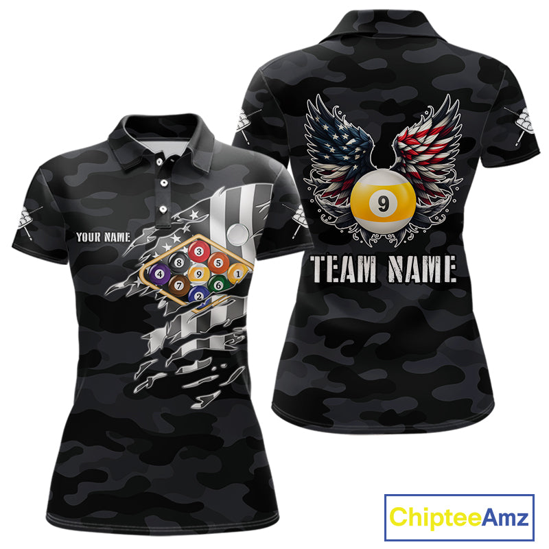 Personalized Camouflage US Flag Billiard Shirt For Women, Funny Patriotic 9 Ball Wings Pool Jersey TDM4479