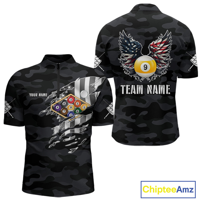 Personalized Camouflage US Flag Billiard Shirt For Men, Funny Patriotic 9 Ball Wings Pool Jersey TDM4479