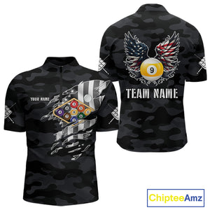 Personalized Camouflage US Flag Billiard Shirt For Men, Funny Patriotic 9 Ball Wings Pool Jersey TDM4479