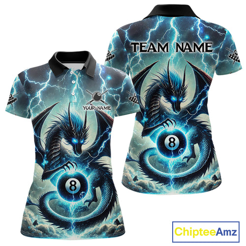 Personalized Thunder Lightning Dragon Billiard Shirt For Women, Blue 8 Ball Pool Team Jersey TDM4480