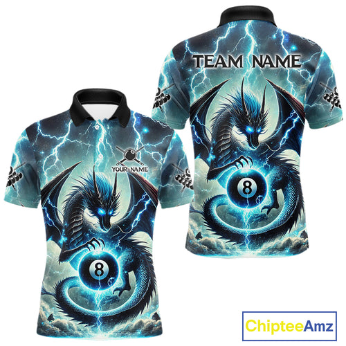 Personalized Thunder Lightning Dragon Billiard Shirt For Men, Blue 8 Ball Pool Team Jersey TDM4480