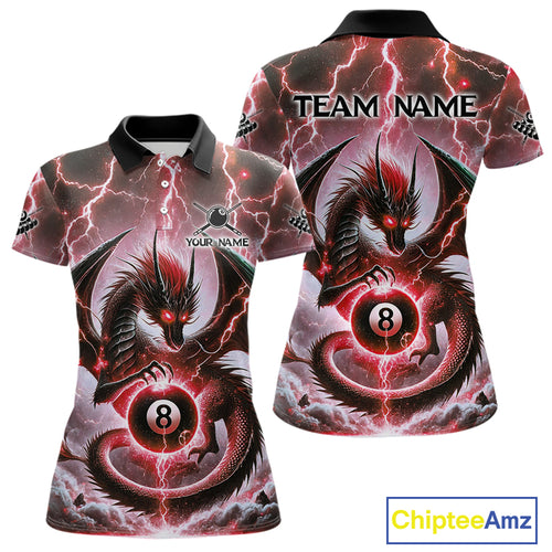 Personalized Thunder Lightning Dragon Billiard Shirt For Women, Red 8 Ball Pool Team Jersey TDM4481
