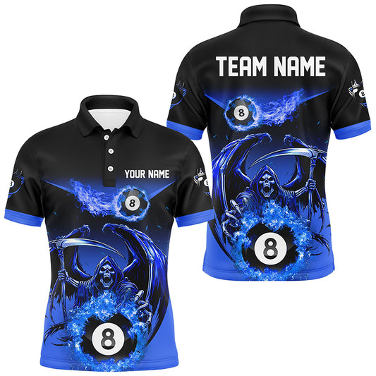 Blue Grim Reaper Flame 8 Ball Pool Billiard Shirts For Men Custom Billiard League Team Jerseys TDM2646