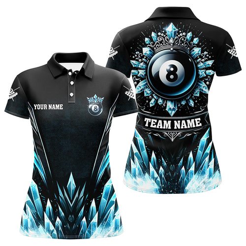 Personalized 3D Blue Icy Funny 8 Ball Pool Crown Women Billiard Polo Shirts Custom Billiard Jerseys TDM1169