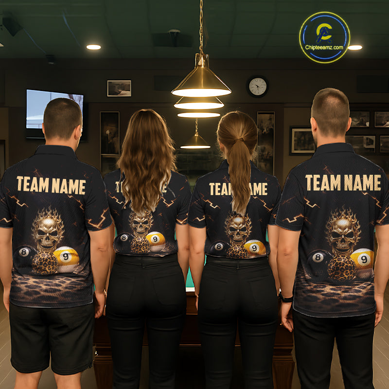 Black And Golden 8 Ball & 9 Ball Skull Billiard Shirt For Women Custom Leopard Pool Team Jersey TDM5997