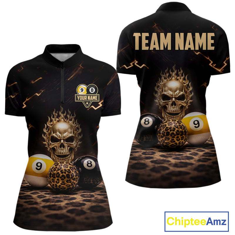 Black And Golden 8 Ball & 9 Ball Skull Billiard Shirt For Women Custom Leopard Pool Team Jersey TDM5997