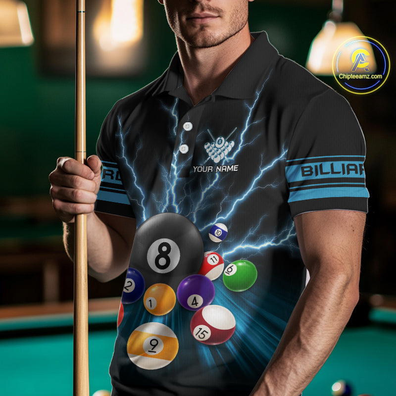 Blue Glowing Electric Billiard Shirts For Men Custom Billiard Jersey Team Polo & Quarter Zip TDM3818