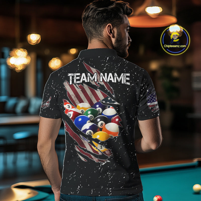 Patriotic American Flag Grunge Billiard Jersey For Men Custom Billiard Shirt Polo & 1/4 Zip |Black TDM3820