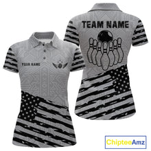 Load image into Gallery viewer, Grey American flag bowling polo shirt for women with custom team graphics for league and tournament play.