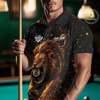 Man wearing personalized grunge lion 8 ball billiard polo shirt front view.