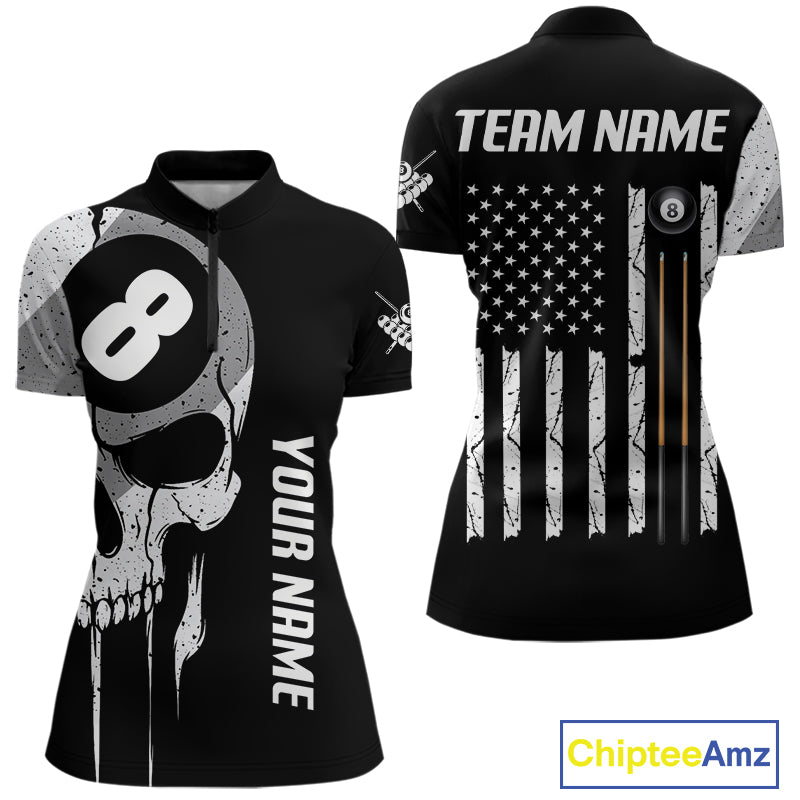 Personalized American flag 8 ball skull billiard quarter zip shirt for women, custom 8 ball pool team jersey and league apparel.