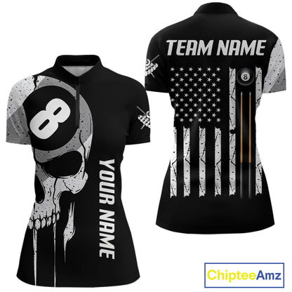 Personalized American flag 8 ball skull billiard quarter zip shirt for women, custom 8 ball pool team jersey and league apparel.
