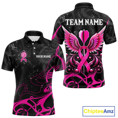 Pink Black Custom Breast Cancer Wings Dart Shirt For Men With Pocket Option TDM4491