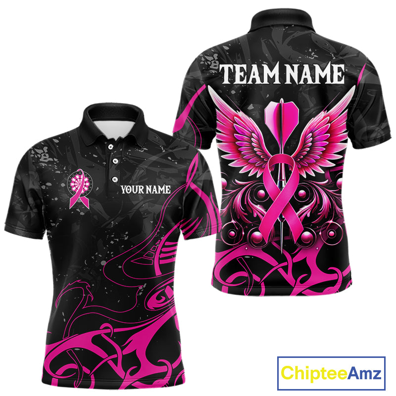 Pink Black Custom Breast Cancer Wings Dart Shirt For Men With Pocket Option TDM4491
